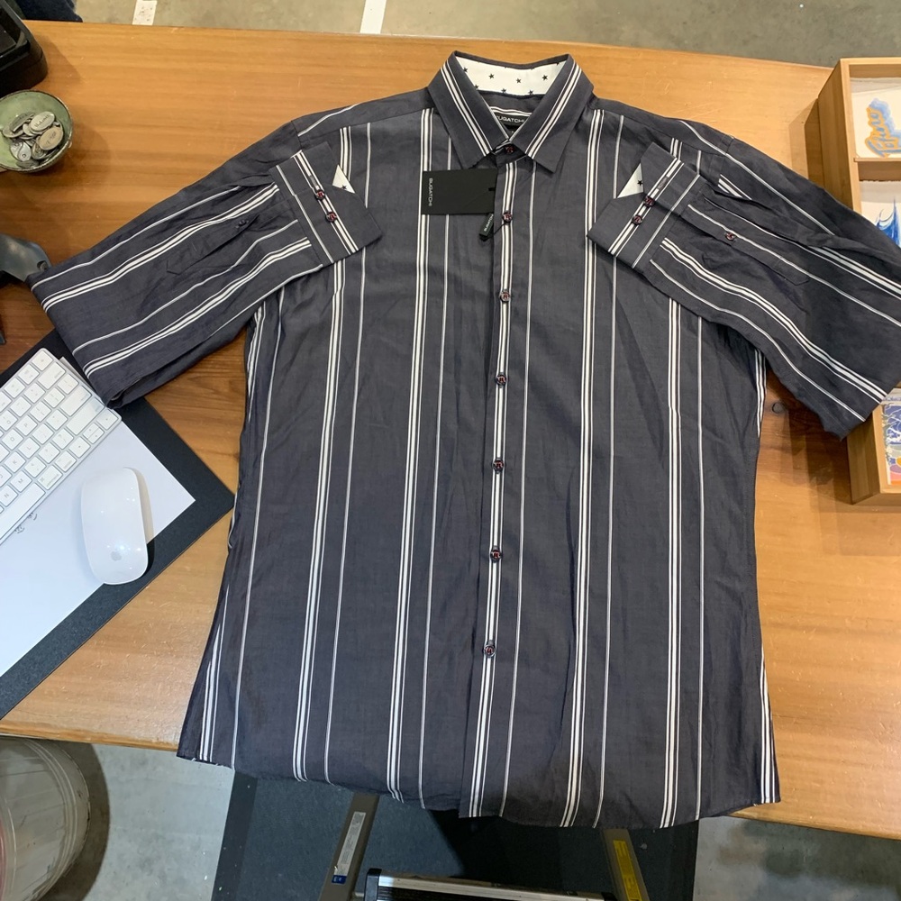 Bugatchi Black and White Casual Button Down Shirt with Vertical Stripes